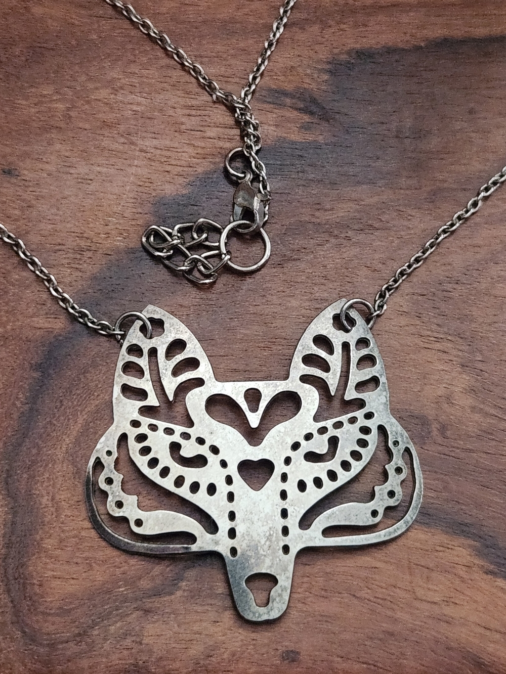 16" Silvertone Cut Out Fox Face Statement Necklace Chain Wilderness Indigenous